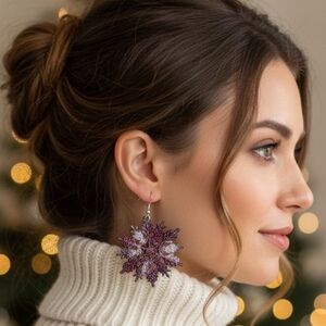 HANDCRAFTED Snowflake Earrings HANDPAINTED HANDMADE Shimmery Holiday Jewelry